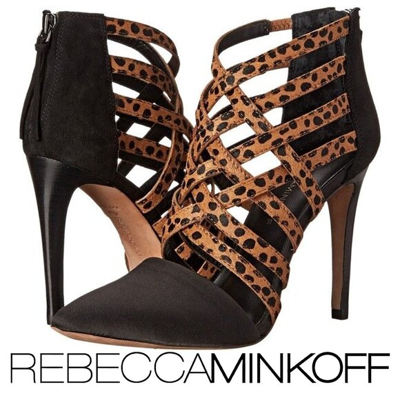 𝐑𝐄𝐁𝐄𝐂𝐂𝐀 𝐌𝐈𝐍𝐊 "Rory" Leopard Print Calf Hair Pump Black Stilettos 🐆 - Picture 1 of 11